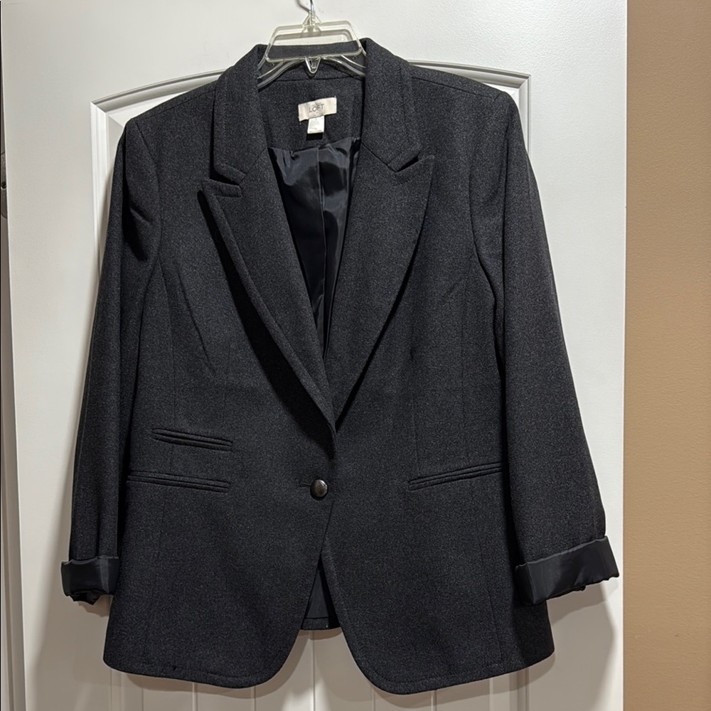 LOFT Dark Gray Classic Wool Blazer with Notched Lapel